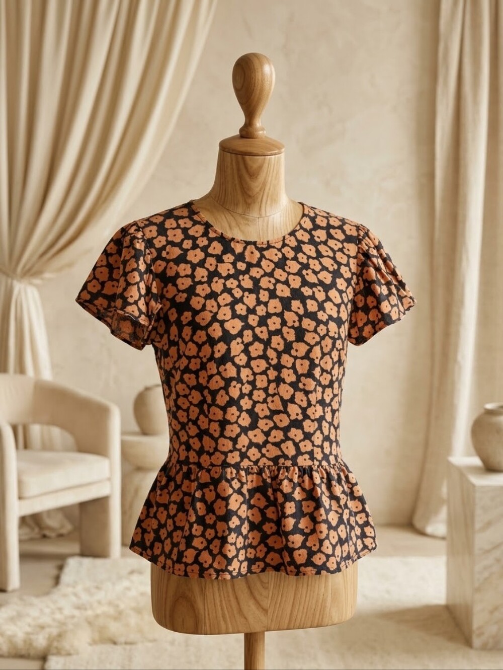 Who What Wear Blouse Size XS Burnt Orange & Black Linen Blend